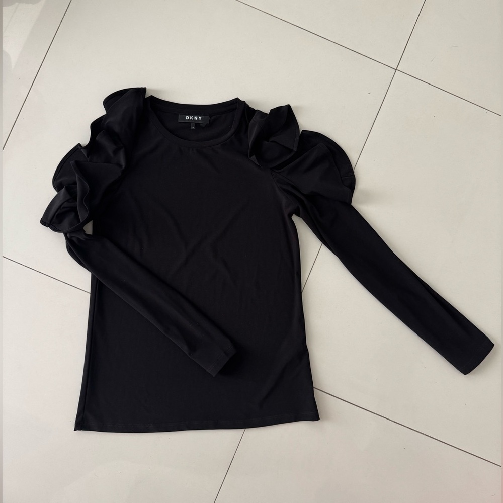 DKNY Long Sleeve Black Ruffled Cold Shoulder Blouse